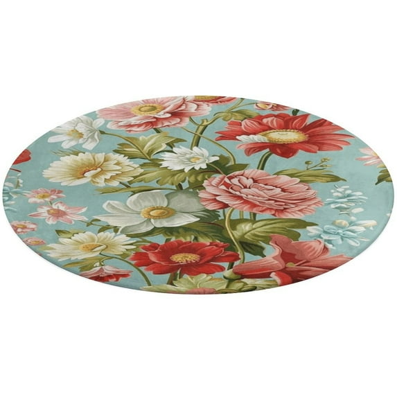 Floral Colorful Flower Washable Round Rug -Circle Area Rugs for Nursery Bedroom, Vintage Non Slip Non Shedding Low Pile Carpet for Living Room Coffee Table Entryway