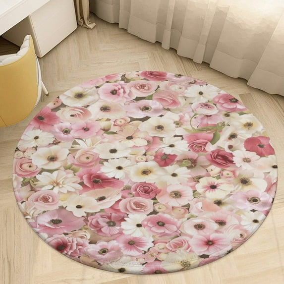 Floral Colorful Flower Washable Round Rug -Circle Area Rugs for Nursery Bedroom, Vintage Non Slip Non Shedding Low Pile Carpet for Living Room Coffee Table Entryway