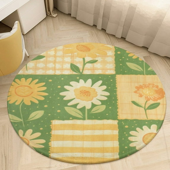 Floral Colorful Flower Washable Round Rug -Circle Area Rugs for Nursery Bedroom, Vintage Non Slip Non Shedding Low Pile Carpet for Living Room Coffee Table Entryway