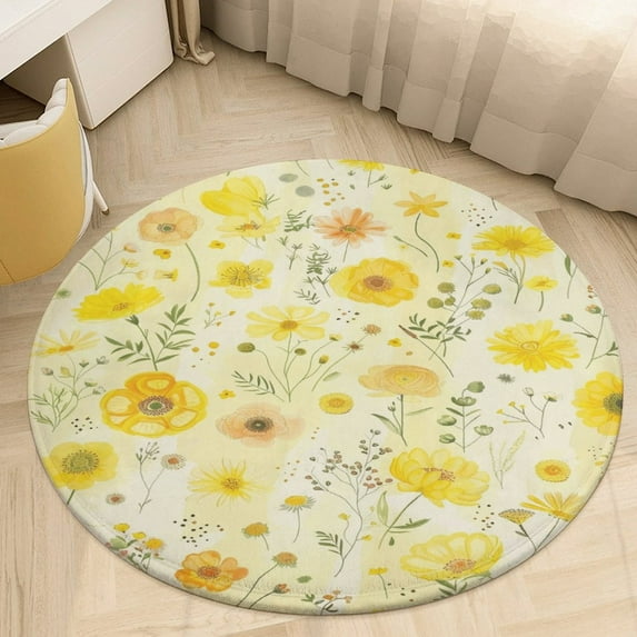 Floral Colorful Flower Washable Round Rug -Circle Area Rugs for Nursery Bedroom, Vintage Non Slip Non Shedding Low Pile Carpet for Living Room Coffee Table Entryway