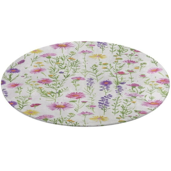 Floral Colorful Flower Washable Round Rug -Circle Area Rugs for Nursery Bedroom, Vintage Non Slip Non Shedding Low Pile Carpet for Living Room Coffee Table Entryway