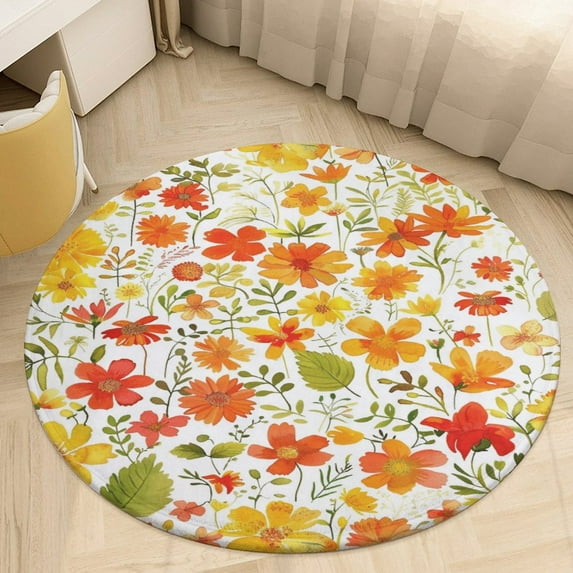 Floral Colorful Flower Washable Round Rug -Circle Area Rugs for Nursery Bedroom, Vintage Non Slip Non Shedding Low Pile Carpet for Living Room Coffee Table Entryway
