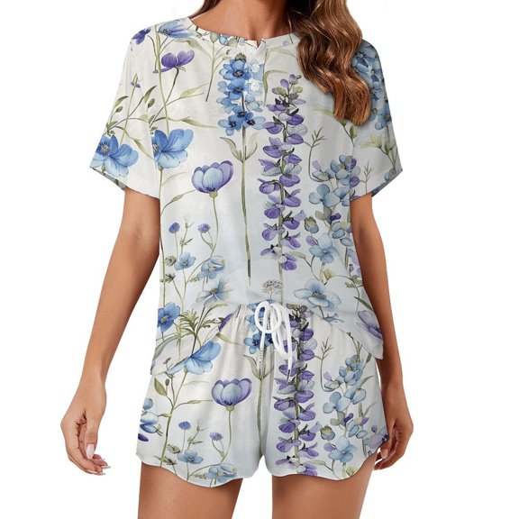 Floral Colorful Flower Women's Ruffle Short Sleeve Tops And Shorts Cute Peeps Bunny Pajamas Sets