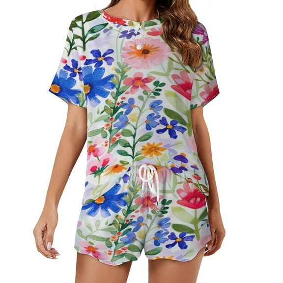 Floral Colorful Flower Women's Ruffle Short Sleeve Tops And Shorts Cute Peeps Bunny Pajamas Sets