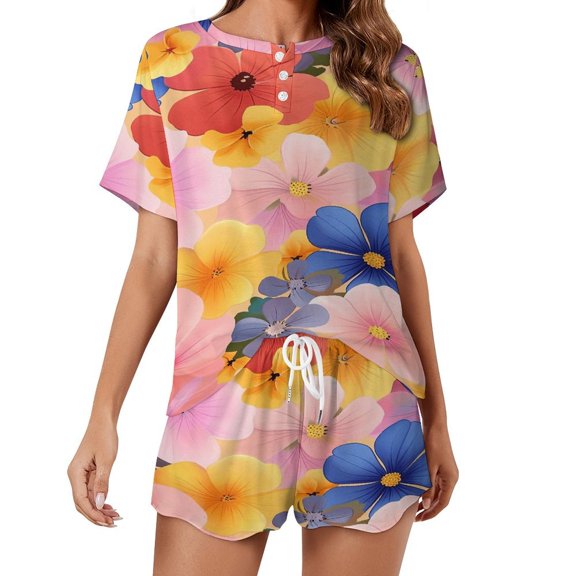 Floral Colorful Flower Women's Ruffle Short Sleeve Tops And Shorts Cute Peeps Bunny Pajamas Sets