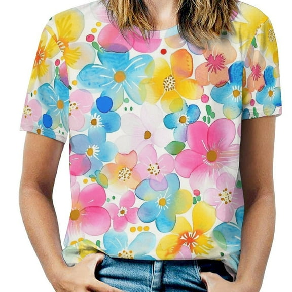 Floral Colorful Flower Women's Short Sleeve T-Shirt Crew Neck Casual Summer Trendy Loose Fit Tops