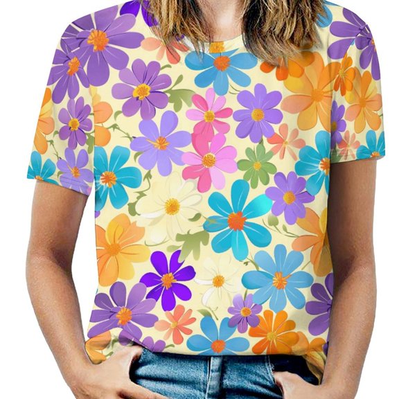 Floral Colorful Flower Women's Short Sleeve T-Shirt Crew Neck Casual Summer Trendy Loose Fit Tops