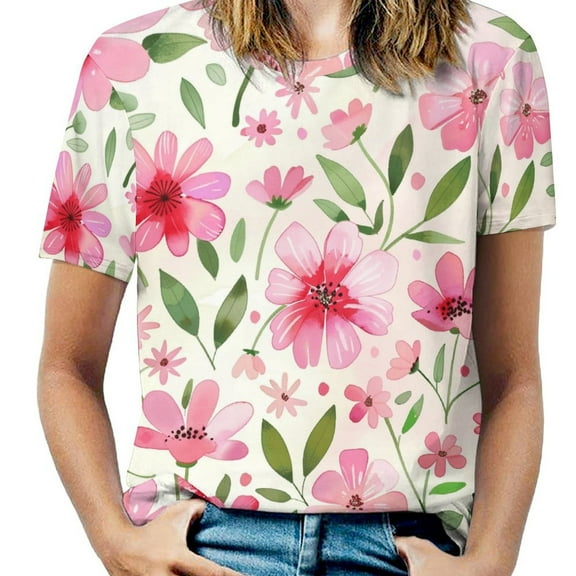 Floral Colorful Flower Women's Short Sleeve T-Shirt Crew Neck Casual Summer Trendy Loose Fit Tops