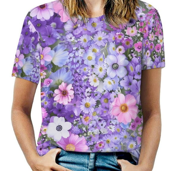 Floral Colorful Flower Women's Short Sleeve T-Shirt Crew Neck Casual Summer Trendy Loose Fit Tops