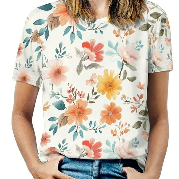 Floral Colorful Flower Women's Short Sleeve T-Shirt Crew Neck Casual Summer Trendy Loose Fit Tops