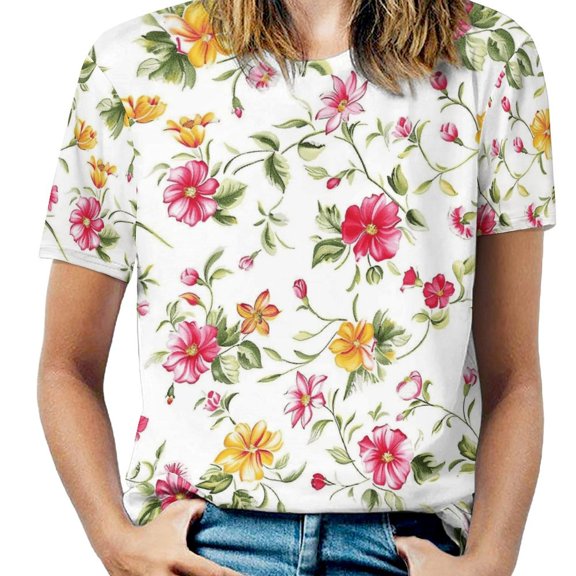 Floral Colorful Flower Women's Short Sleeve T-Shirt Crew Neck Casual Summer Trendy Loose Fit Tops