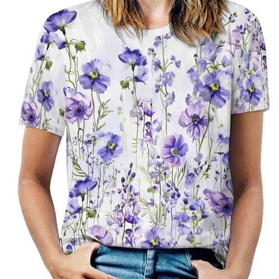 Floral Colorful Flower Women's Short Sleeve T-Shirt Crew Neck Casual Summer Trendy Loose Fit Tops