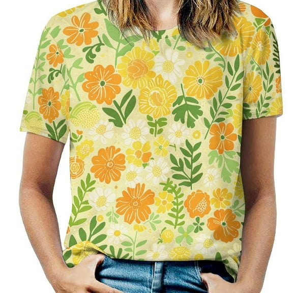 Floral Colorful Flower Women's Short Sleeve T-Shirt Crew Neck Casual Summer Trendy Loose Fit Tops