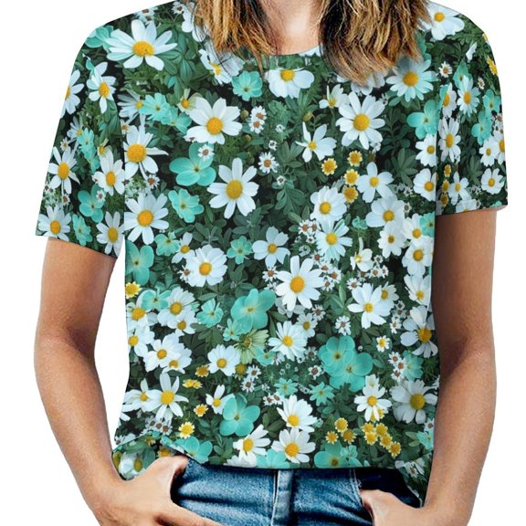Floral Colorful Flower Women's Short Sleeve T-Shirt Crew Neck Casual Summer Trendy Loose Fit Tops