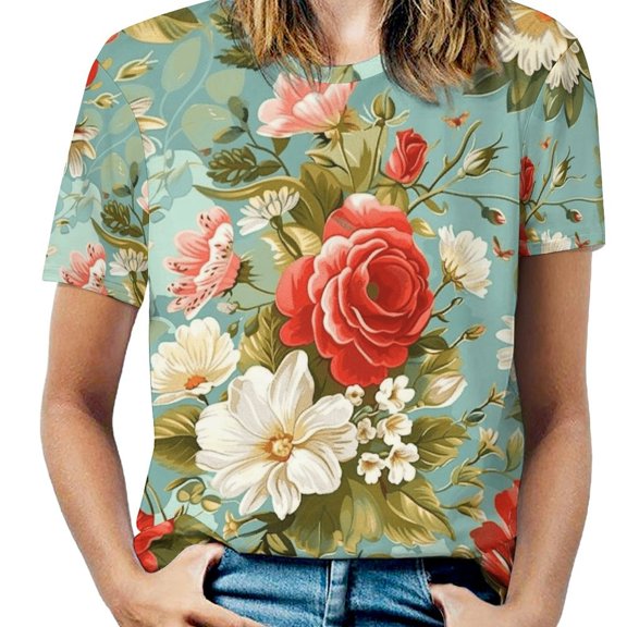 Floral Colorful Flower Women's Short Sleeve T-Shirt Crew Neck Casual Summer Trendy Loose Fit Tops