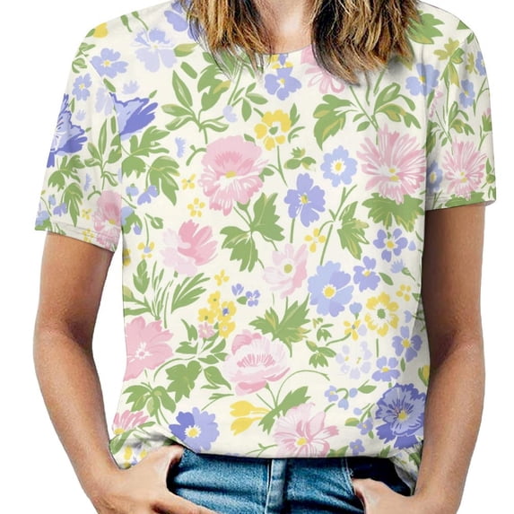 Floral Colorful Flower Women's Short Sleeve T-Shirt Crew Neck Casual Summer Trendy Loose Fit Tops
