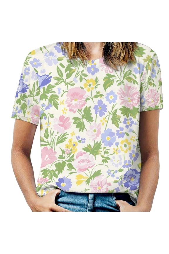 Floral Colorful Flower Women's Short Sleeve T-Shirt Crew Neck Casual Summer Trendy Loose Fit Tops