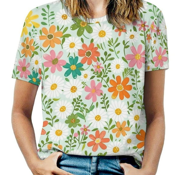 Floral Colorful Flower Women's Short Sleeve T-Shirt Crew Neck Casual Summer Trendy Loose Fit Tops