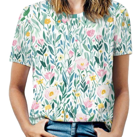 Floral Colorful Flower Women's Short Sleeve T-Shirt Crew Neck Casual Summer Trendy Loose Fit Tops