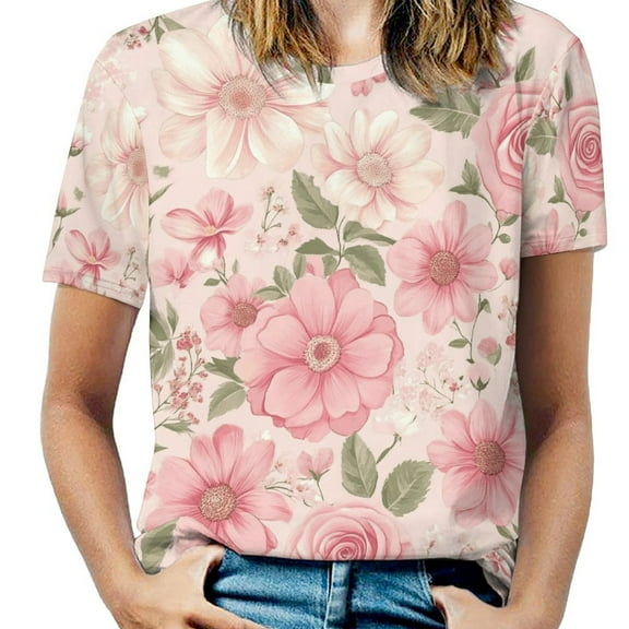 Floral Colorful Flower Women's Short Sleeve T-Shirt Crew Neck Casual Summer Trendy Loose Fit Tops