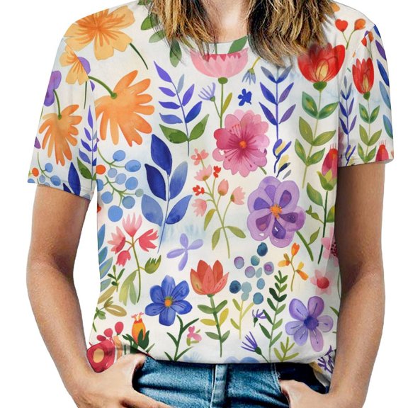 Floral Colorful Flower Women's Short Sleeve Tops Casual Blouses T Shirt