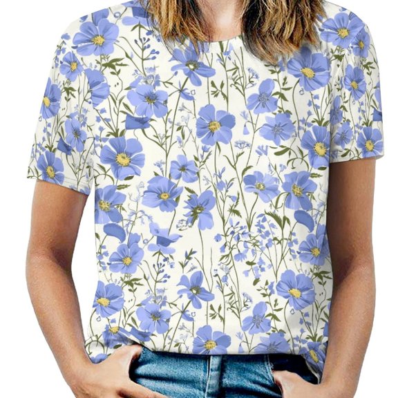 Floral Colorful Flower Womens Tops Women's Fashion Casual Short Sleeve Flower Print Round Neck Pullover Top Blouse