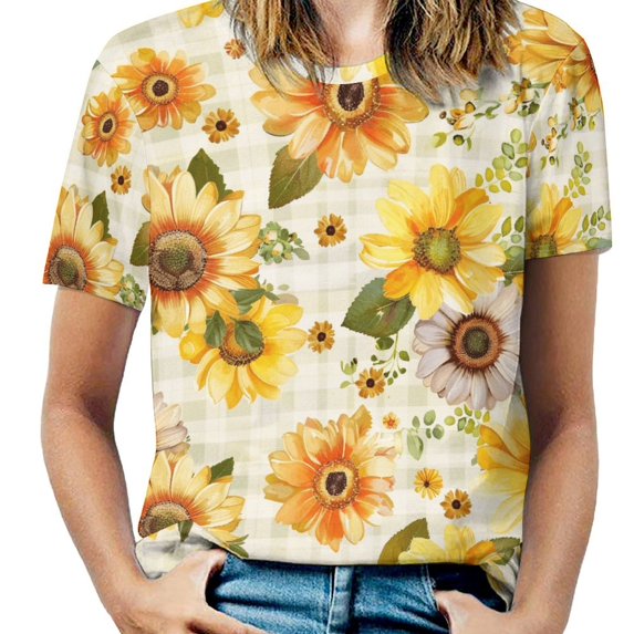 Floral Colorful Flower Womens Tops Women's Fashion Casual Short Sleeve Flower Print Round Neck Pullover Top Blouse