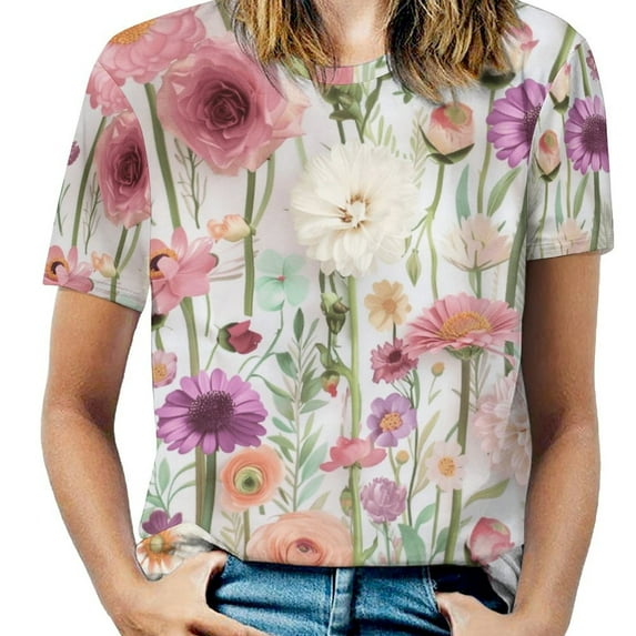 Floral Colorful Flower Womens Tops Women's Fashion Casual Short Sleeve Flower Print Round Neck Pullover Top Blouse