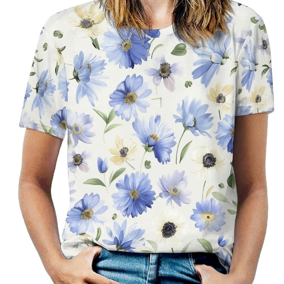 Floral Colorful Flower Womens Tops Women's Fashion Casual Short Sleeve Flower Print Round Neck Pullover Top Blouse