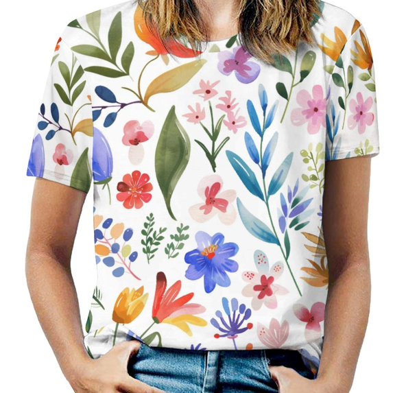 Floral Colorful Flower Womens Tops Women's Fashion Casual Short Sleeve Flower Print Round Neck Pullover Top Blouse