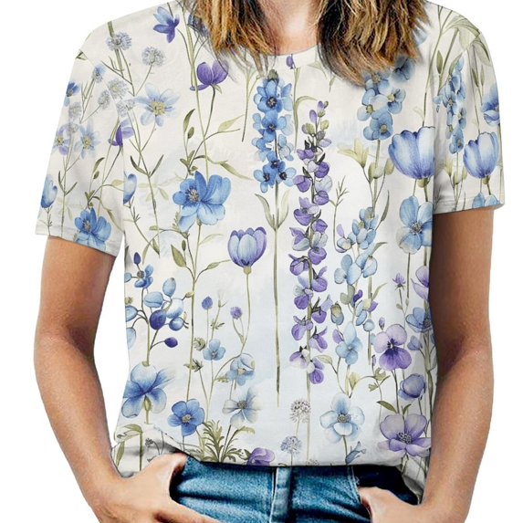 Floral Colorful Flower Womens Tops Women's Fashion Casual Short Sleeve Flower Print Round Neck Pullover Top Blouse