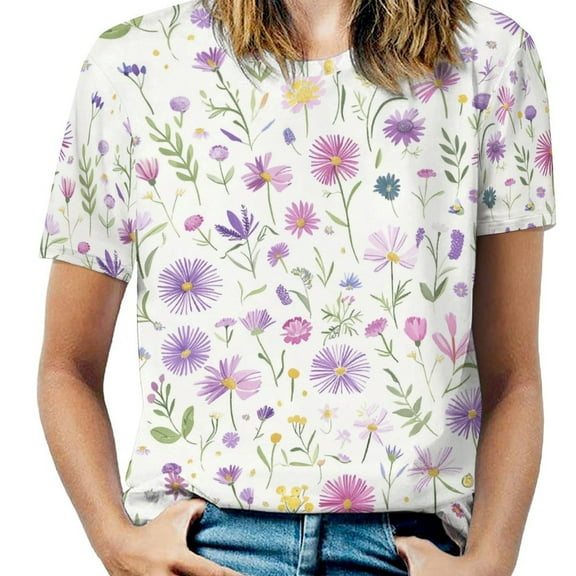 Floral Colorful Flower Womens Tops Women's Fashion Casual Short Sleeve Flower Print Round Neck Pullover Top Blouse