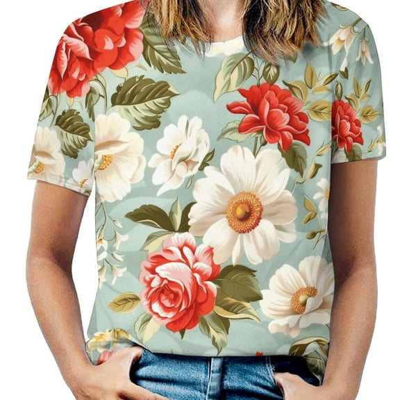 Floral Colorful Flower Womens Tops Women's Fashion Casual Short Sleeve Flower Print Round Neck Pullover Top Blouse
