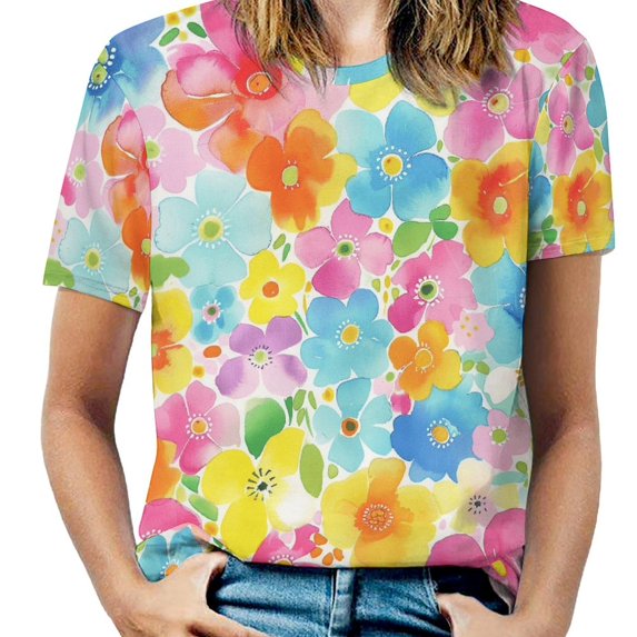 Floral Colorful Flower Womens Tops Women's Fashion Casual Short Sleeve Flower Print Round Neck Pullover Top Blouse