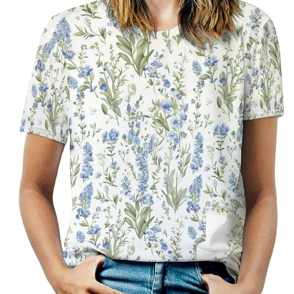 Floral Colorful Flower Womens Tops Women's Fashion Casual Short Sleeve Flower Print Round Neck Pullover Top Blouse