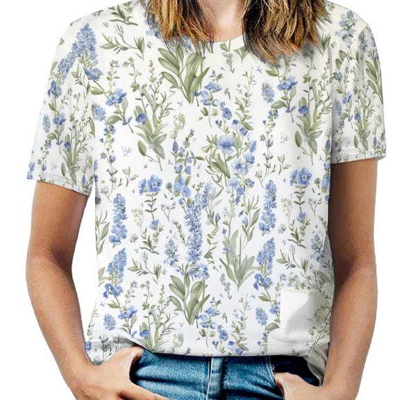Floral Colorful Flower Womens Tops Women's Fashion Casual Short Sleeve Flower Print Round Neck Pullover Top Blouse