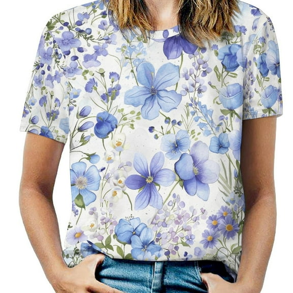 Floral Colorful Flower Womens Tops Women's Fashion Casual Short Sleeve Flower Print Round Neck Pullover Top Blouse