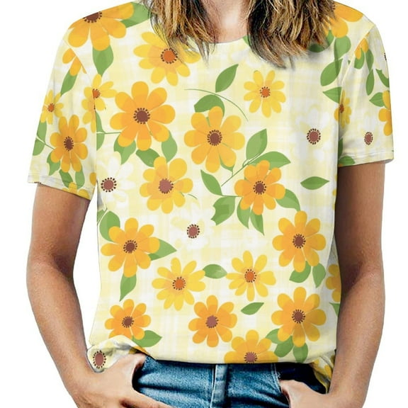 Floral Colorful Flower Womens Tops Women's Fashion Casual Short Sleeve Flower Print Round Neck Pullover Top Blouse