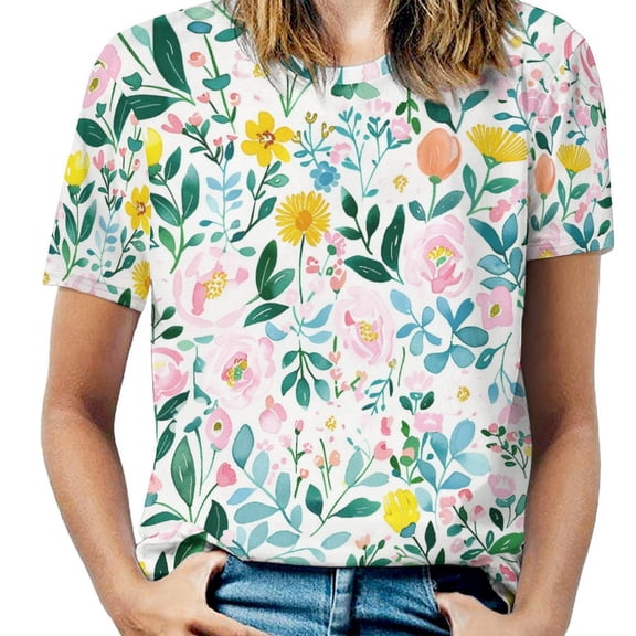 Floral Colorful Flower Womens Tops Women's Fashion Casual Short Sleeve Flower Print Round Neck Pullover Top Blouse