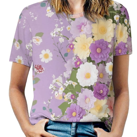 Floral Colorful Flower Womens Tops Women's Fashion Casual Short Sleeve Flower Print Round Neck Pullover Top Blouse