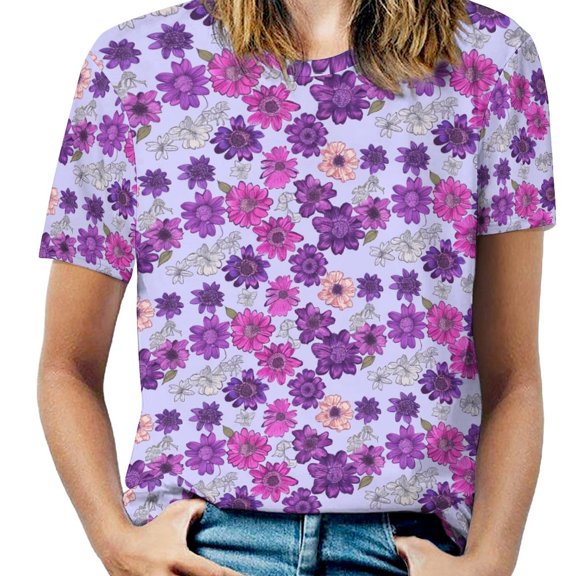 Floral Colorful Flower Womens Tops Women's Fashion Casual Short Sleeve Flower Print Round Neck Pullover Top Blouse