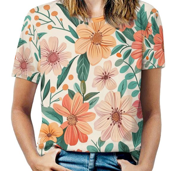 Floral Colorful Flower Womens Tops Women's Fashion Casual Short Sleeve Flower Print Round Neck Pullover Top Blouse