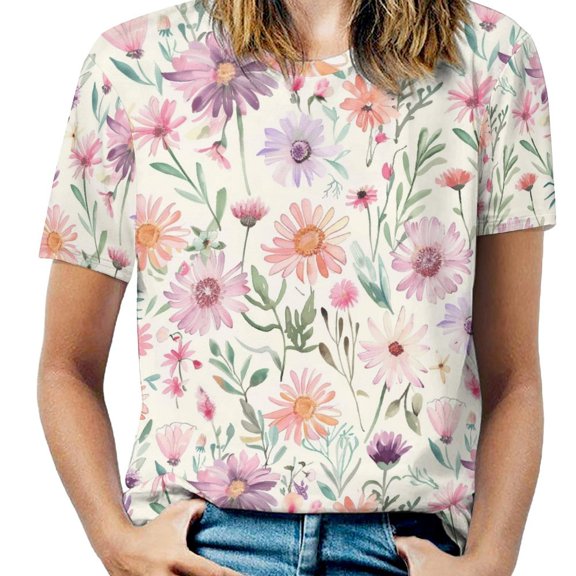 Floral Colorful Flower Womens Tops Women's Fashion Casual Short Sleeve Flower Print Round Neck Pullover Top Blouse