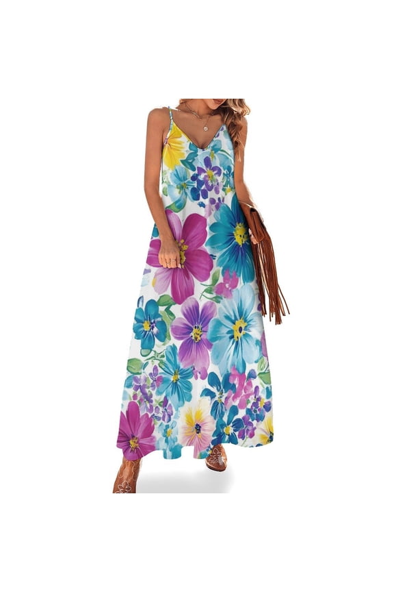 Floral Colorful Flowers Women's Summer Dresses - Backless Womens Long Dress - Floral Print Loose Fit Dress for Beach Vacation Dating