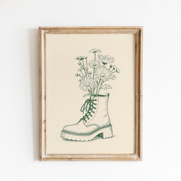 Floral Combat Boot Feminine Grunge Botanical Line Living Room Bedroom Botanical Decor Wall Art Unframed Paper Print