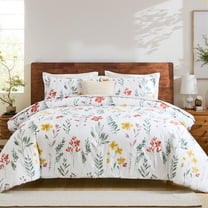 Floral Comforter 100% Cotton Bedding Set 3 Pcs Yellow Orange Flower Green Leaf Printed Girls Women Aesthetic Bedroom Comforter Set Extra Soft and Breathable