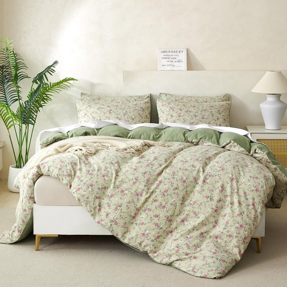 Floral Comforter Queen Set 3 Pieces Soft Cute Fresh Floral Bedding Lightweight Garden Style Floral Botanical Comforter for All Seasons and 2 Pillowcases