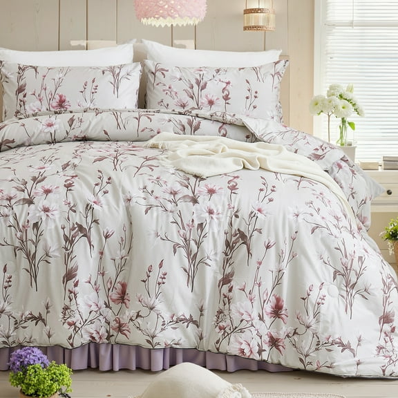 Floral Comforter Set 100% Cotton Bedding Pink White Flower Branches Botanical Comforter Extra Soft Cozy Year-Round Comfort Bedding Comforter Set 3 Pcs