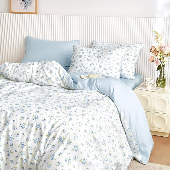 Floral Comforter Set 3 Piece Full Size White Blue