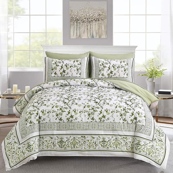 Floral Comforter Set, 7 count Bed in a Bag Size Sage White Botanical Bedding Set, Soft Microfiber Bedding Comforter Sets with Sheets for Season